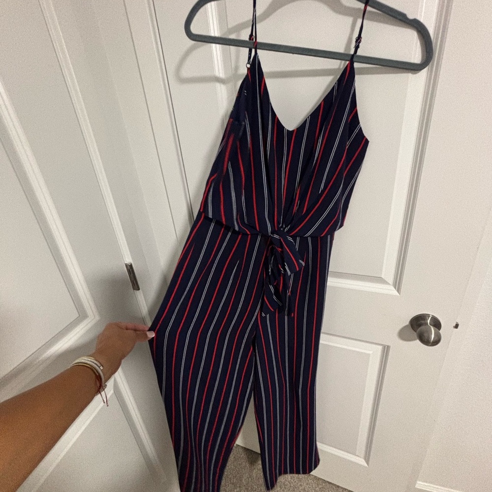 Monteau Red, White & Blue Jumpsuit with V-Neck and Wide Legs